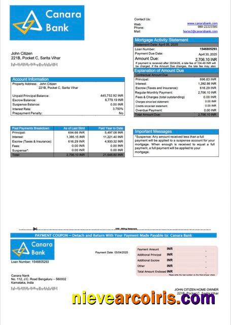 India Canara Bank mortgage statement Word and PDF template